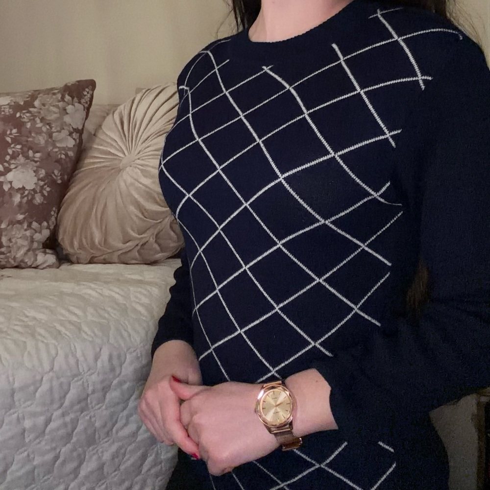 Navy Sweater with White Grid Pattern